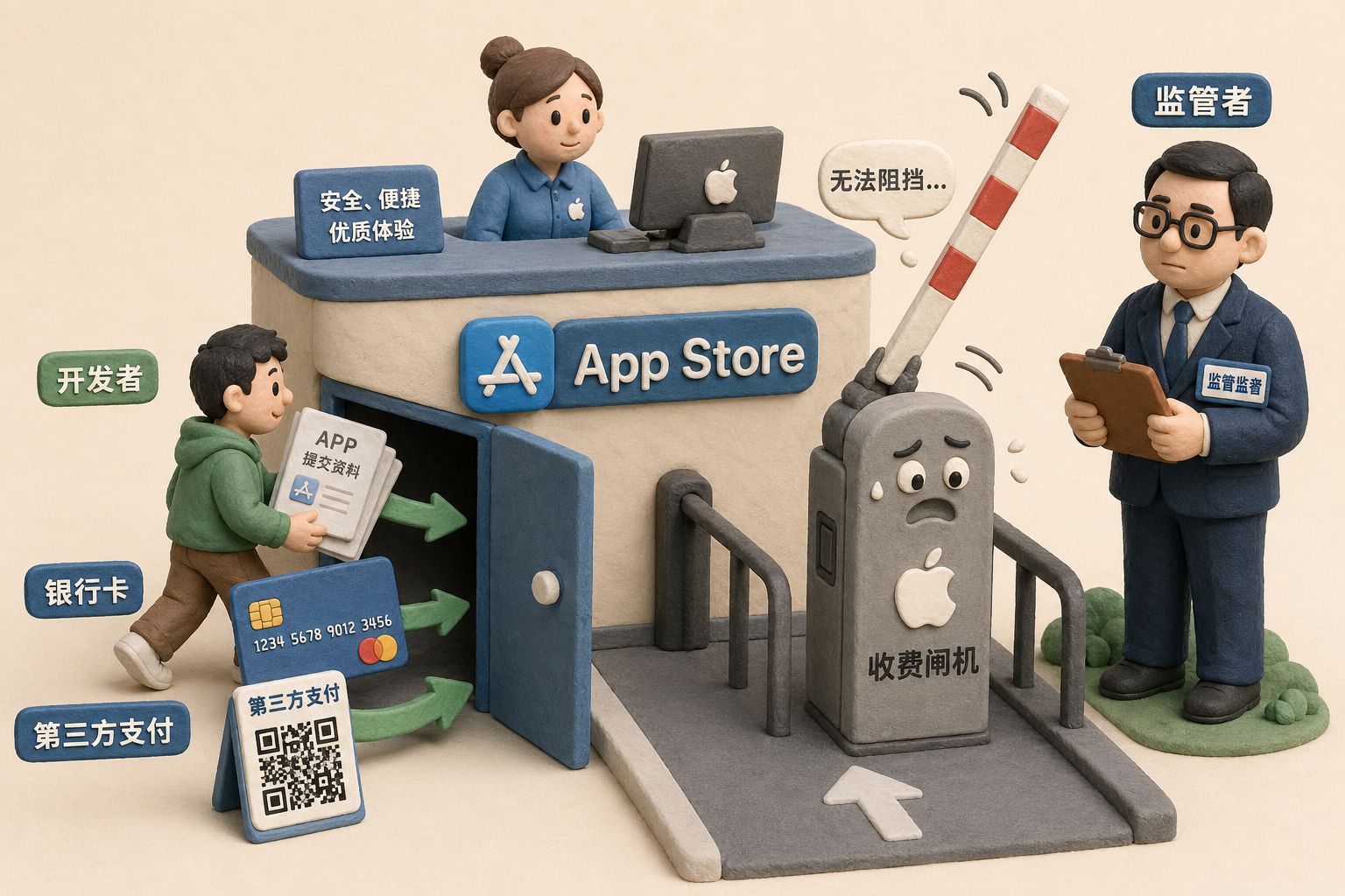 一个App Store收银台被打开侧门，开发者、银行卡、第三方支付二维码从侧门进入，苹果收费闸机被迫抬起栏杆，监管者站在一旁监督，羊皮纸，钢笔彩色手绘的统一风格。