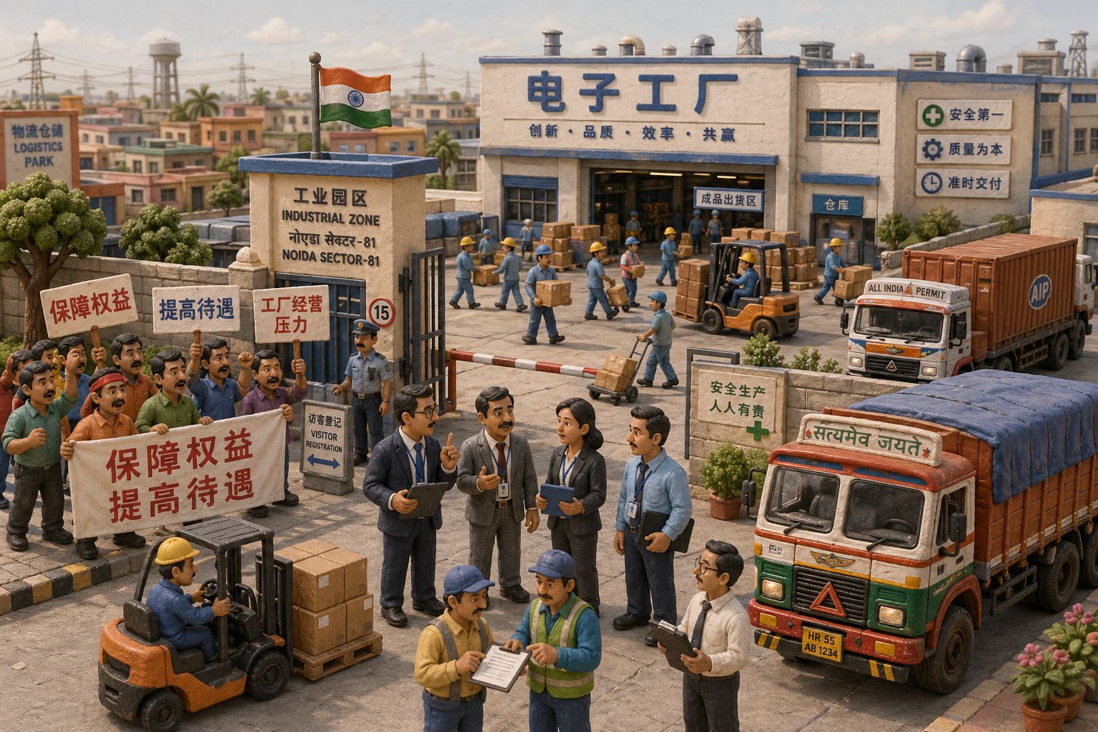 一家位于印度工业区的电子工厂门口，工人、管理者、抗议横幅与运输卡车同时出现，几位本地高管在门口协调，画面呈现复杂而忙碌的经营现场，羊皮纸，钢笔彩色手绘的统一风格。