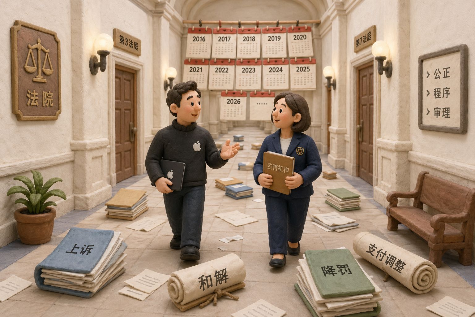 漫长的法庭走廊尽头挂着多年日历，苹果与监管机构代表边走边谈，地上散落“上诉”“和解”“降罚”“支付调整”等卷宗，象征长期拉锯，羊皮纸，钢笔彩色手绘的统一风格。