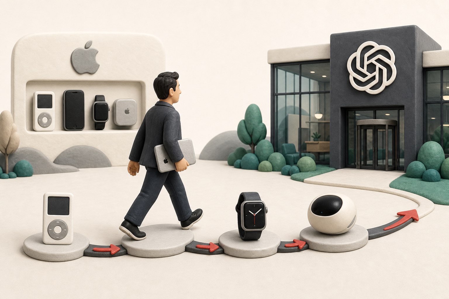 一位硬件高管从苹果产品时间轴走向 OpenAI 办公楼，脚下串联 iPod、iPhone、手表和新硬件原型，浅色背景的商业评论版橡皮泥平面信息图的统一风格。