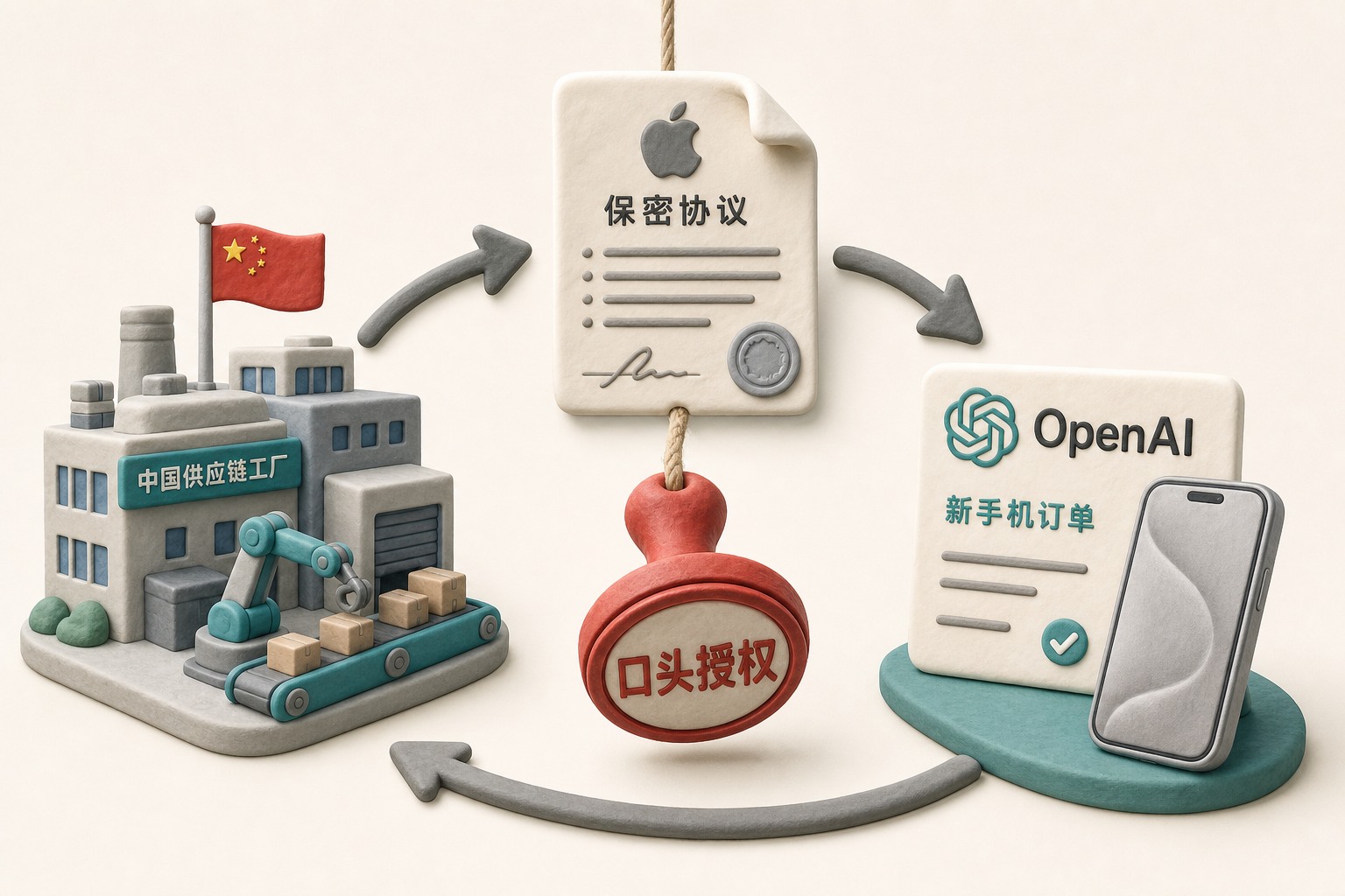 中国供应链工厂、苹果保密协议和 OpenAI 新手机订单三者用箭头相连，一枚口头授权印章悬在中间，浅色背景的商业评论版橡皮泥平面信息图的统一风格。