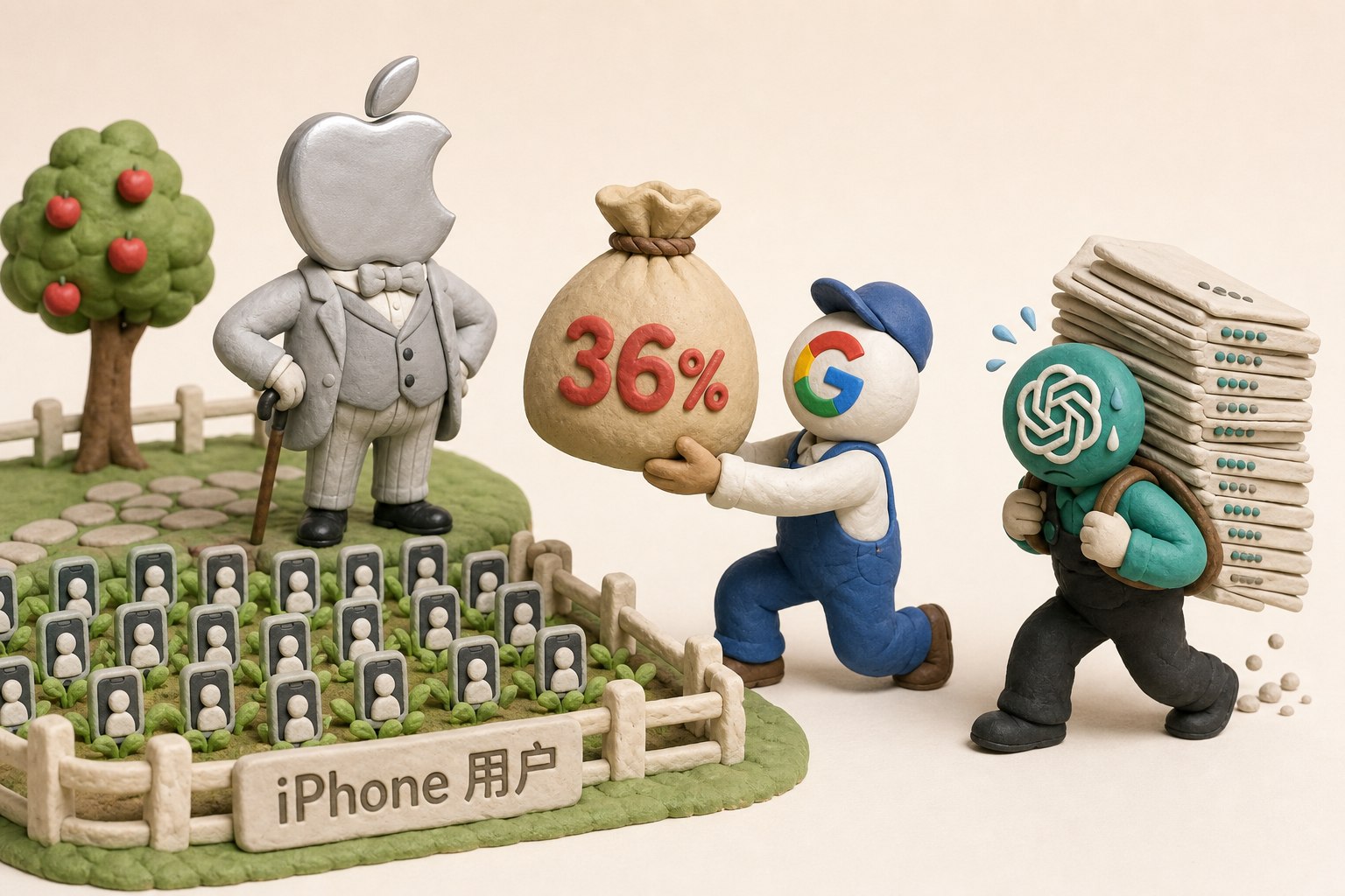 苹果像地主站在写着 iPhone 用户的田地旁，谷歌长工交上 36% 粮袋，OpenAI 长工背着算力账单皱眉，浅色背景的商业评论版橡皮泥平面信息图的统一风格。