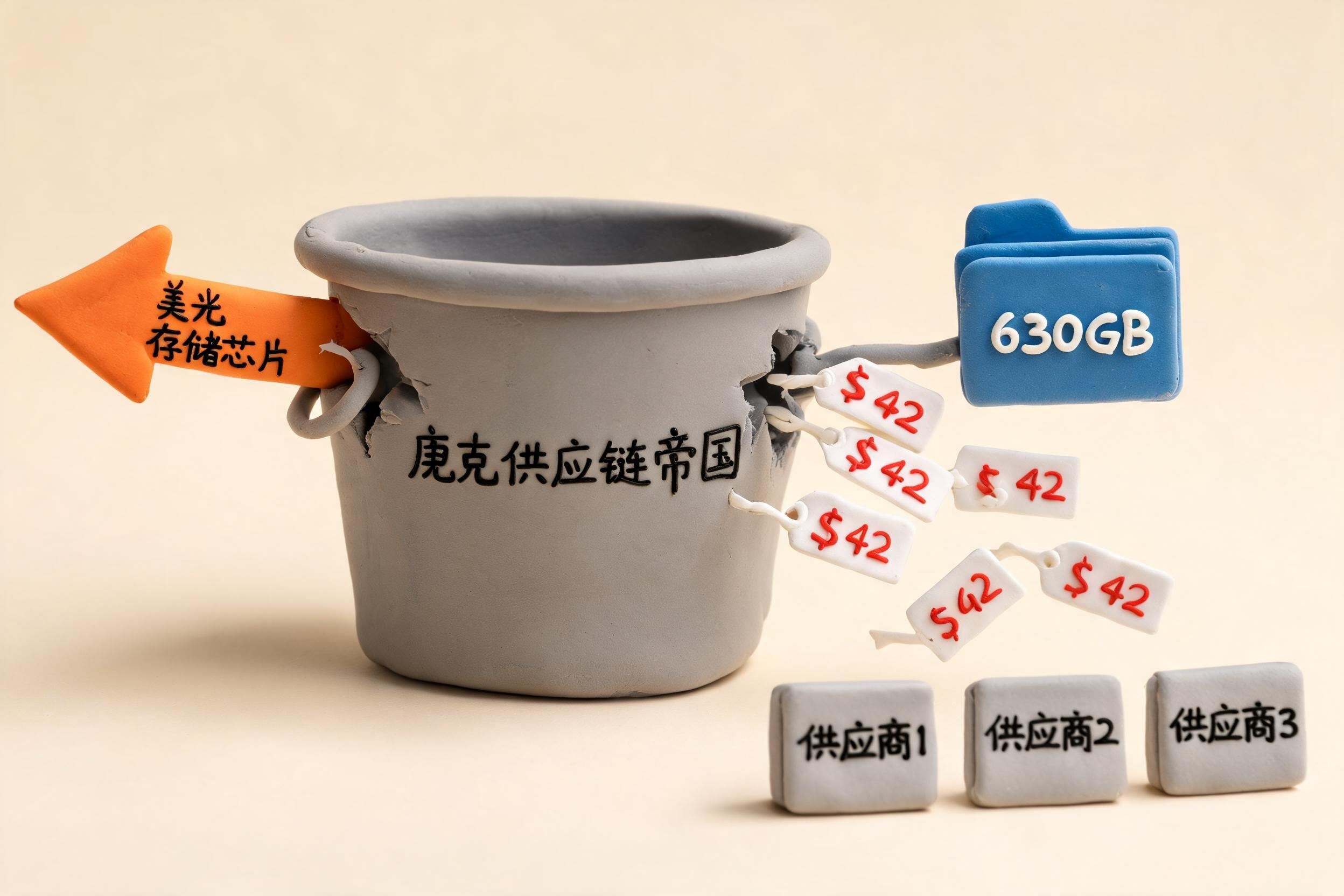 库克搭建的供应链帝国被画成一只金属铁桶，美光的存储芯片箭头和630GB文件包同时刺穿桶壁，漏出的价格标签流向多家供应商，浅色背景的商业评论版橡皮泥平面信息图的统一风格。