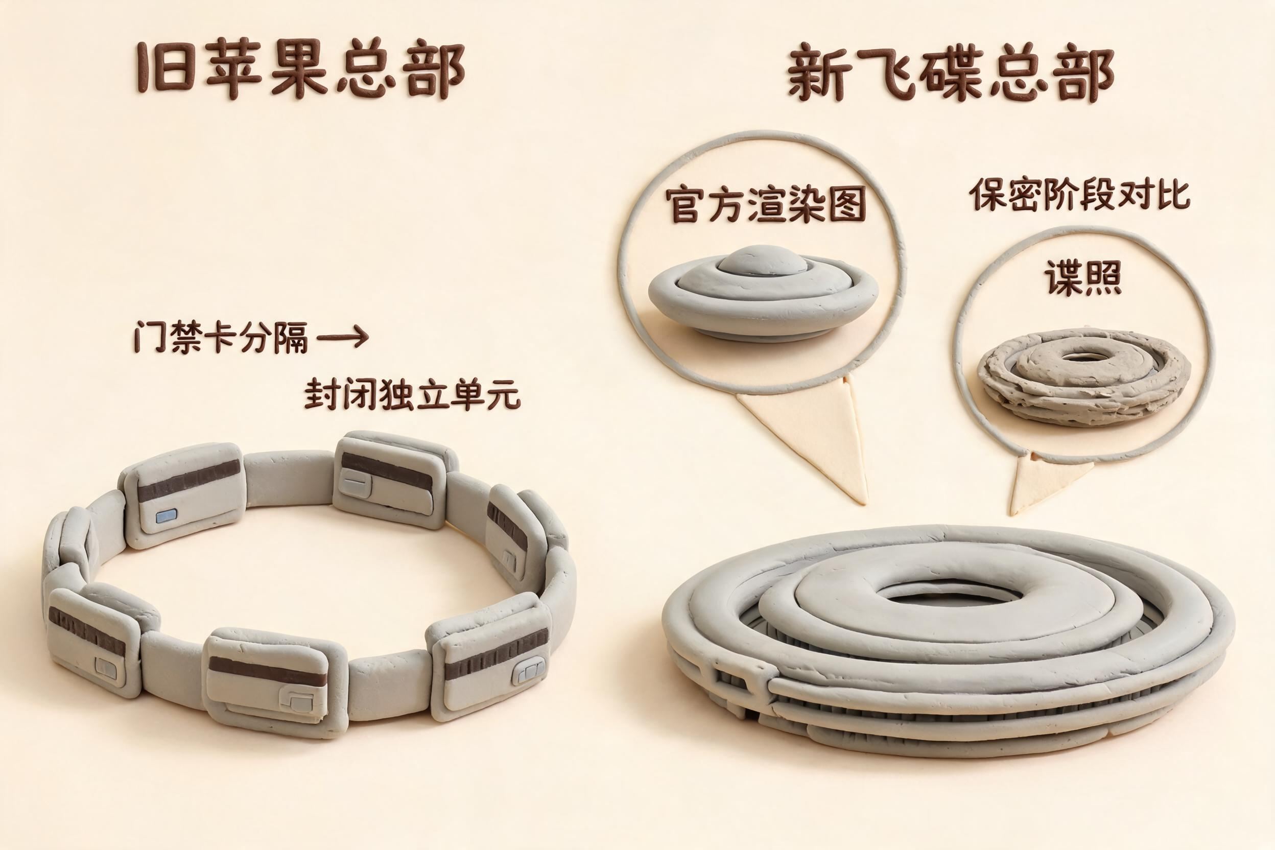 左侧旧苹果总部环形小楼用门禁卡分隔成多个封闭单元，右侧飞碟总部上方漂浮着渲染图和谍照气泡，形成保密时代对比构图，浅色背景的商业评论版橡皮泥平面信息图的统一风格。