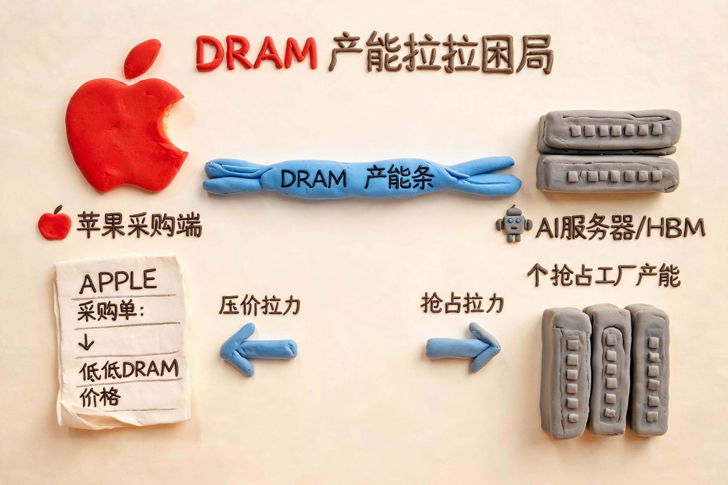 谈判桌上一边是苹果采购单压低存储芯片价格，另一边是AI服务器和HBM芯片把工厂产能吸走，中间的DRAM产能条被拉扯变形，浅色背景的商业评论版橡皮泥平面信息图的统一风格。