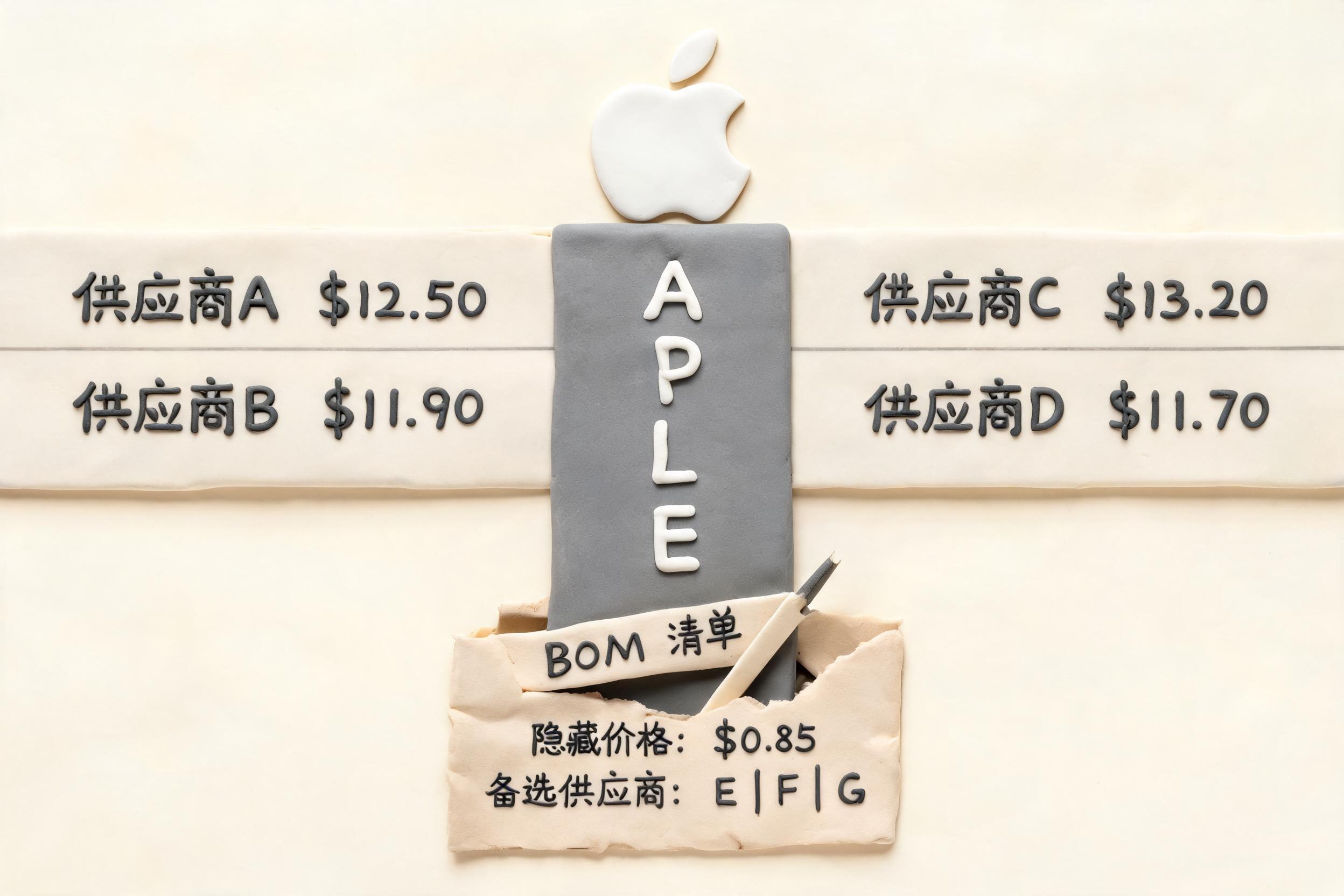 苹果标志站在中间用挡板隔开多家供应商报价，BOM清单像一把针戳破纸墙，隐藏的价格标签和备选供应商名单同时露出来，浅色背景的商业评论版橡皮泥平面信息图的统一风格。