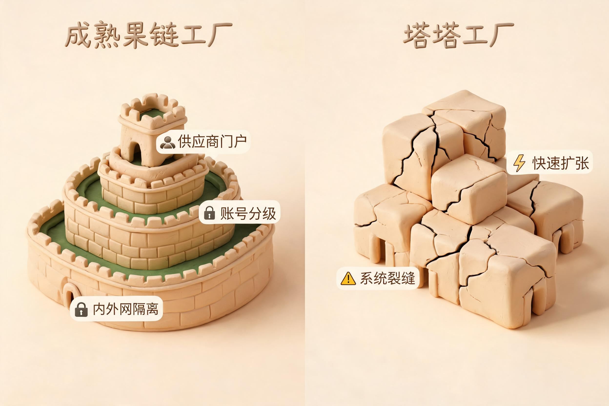 左侧成熟果链工厂像多层安全堡垒一样标出内外网隔离、账号分级和供应商门户，右侧塔塔工厂快速扩张成拼接建筑并出现系统裂缝，浅色背景的商业评论版橡皮泥平面信息图的统一风格。
