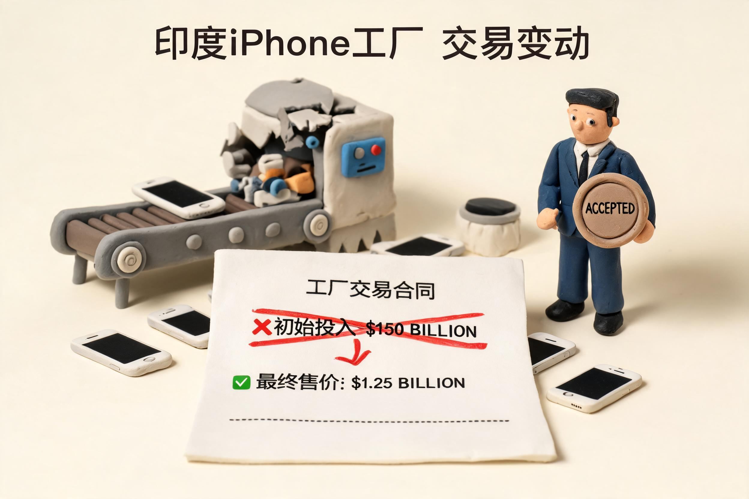 印度iPhone工厂传送带旁有被砸坏的设备和散落手机，前景是一份从150亿美元投入滑到1.25亿美元出售的合同，塔塔手持接收印章站在一侧，浅色背景的商业评论版橡皮泥平面信息图的统一风格。