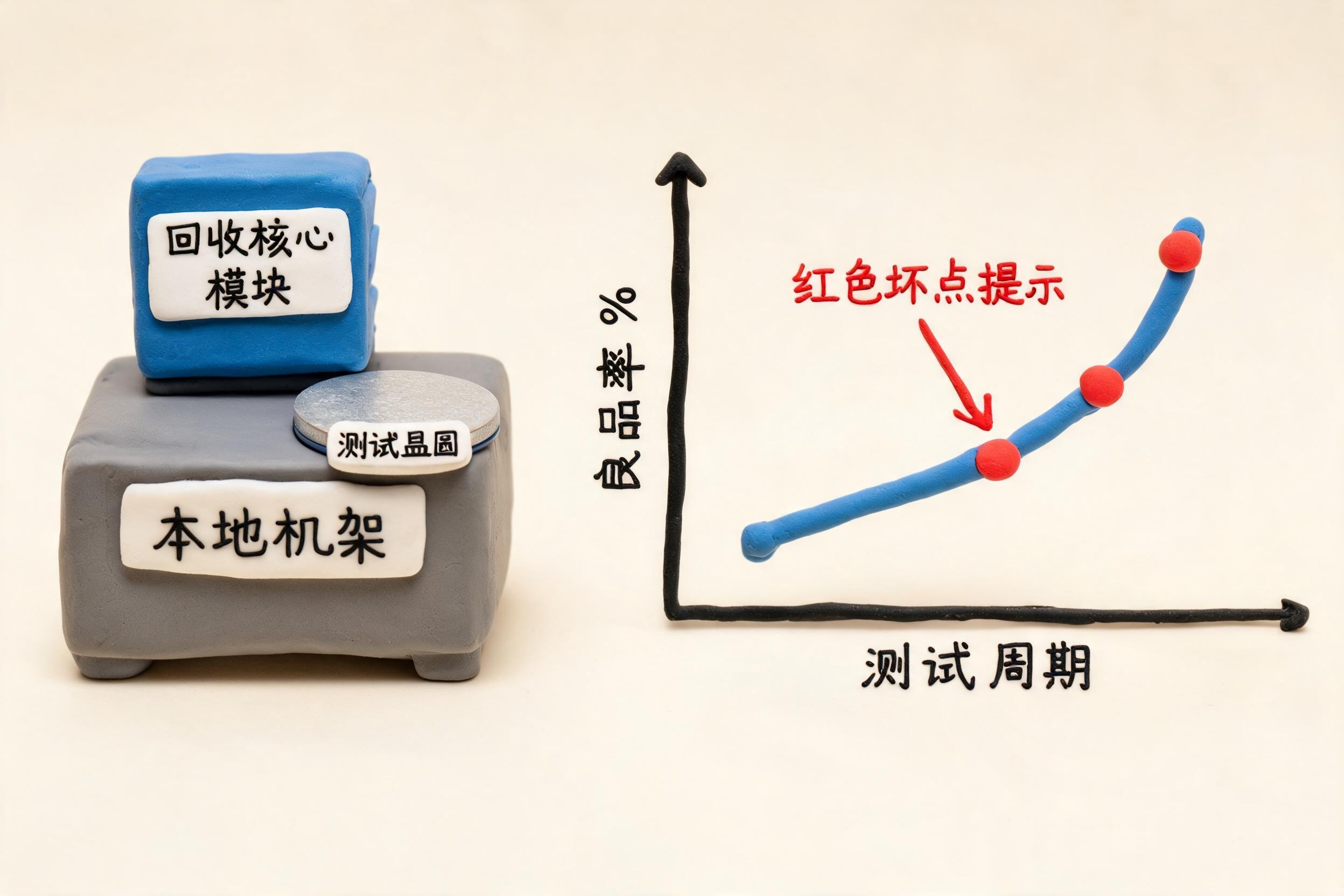 一台非标准自研 EUV 原型机由国产机架、回收核心零部件和测试晶圆拼装而成,旁边良品率曲线缓慢上升但仍有红色坏点提示,浅色背景的商业评论版橡皮泥平面信息图的统一风格。