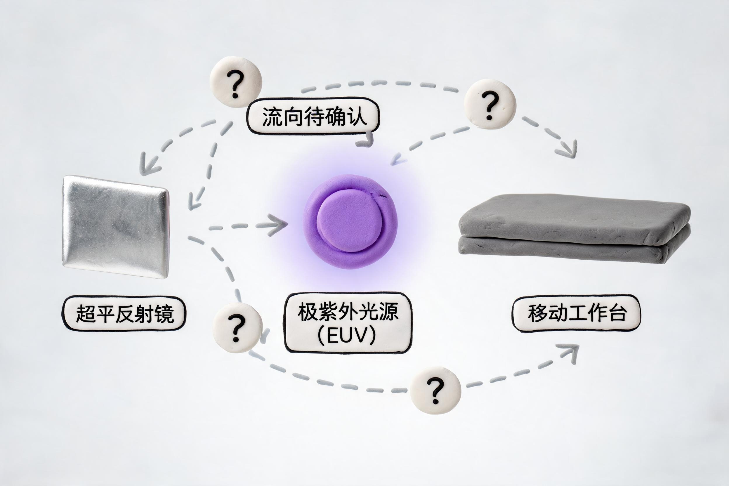 一台 EUV 设备被拆解成核心模块,蔡司反射镜、极紫外光源和移动工作台像三块关键拼图悬浮在中央,旁边有追踪标签和问号表示零部件流向难以确认,浅色背景的商业评论版橡皮泥平面信息图的统一风格。
