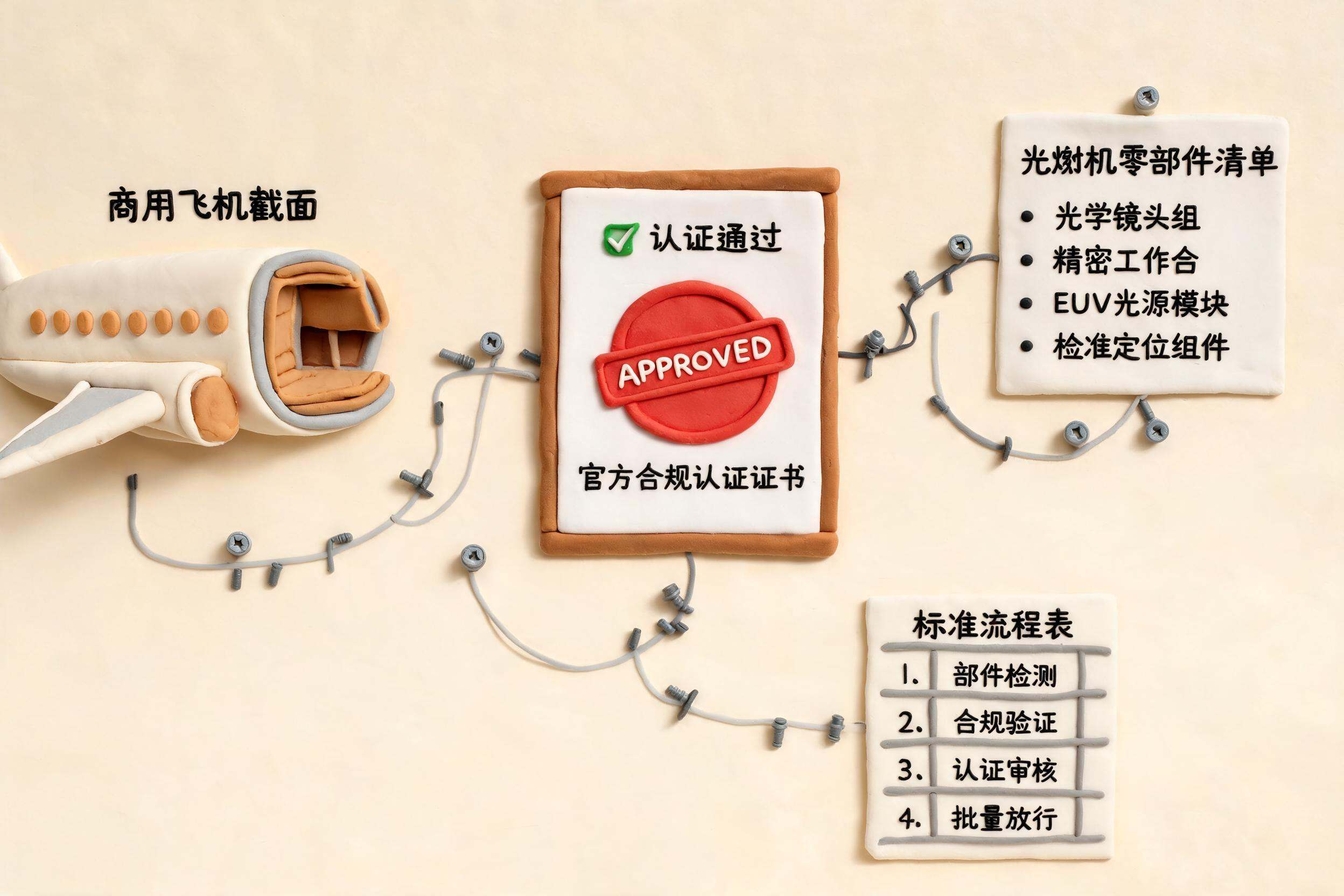一架 C919 飞机截面与一台光刻机零部件清单并排展示,中间是一枚盖章通过的认证证书,线缆和螺丝沿着虚线连接到标准流程表,浅色背景的商业评论版橡皮泥平面信息图的统一风格。