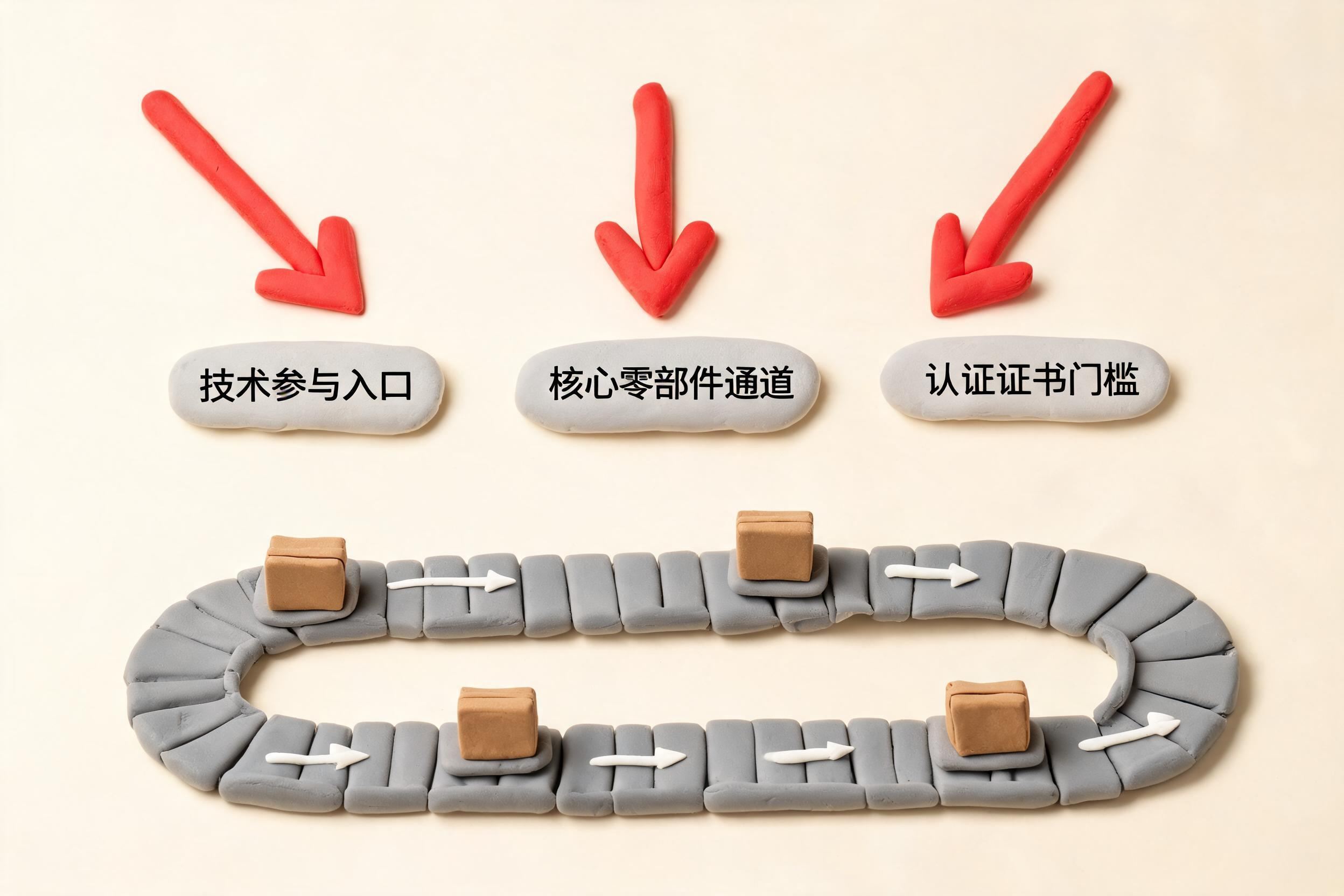 三把象征政策限制的刀分别切向技术参与入口、核心零部件通道和认证证书门槛,底部是一条仍在绕行的供应链传送带,浅色背景的商业评论版橡皮泥平面信息图的统一风格。