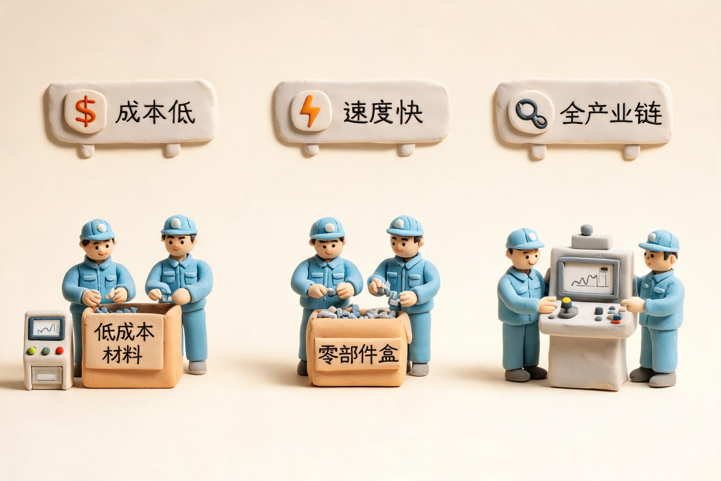 一个中国制造试验车间里,多组工程师围着低成本材料、零部件盒和测试仪器快速迭代,墙上有成本低、速度快、全产业链三块指示牌,浅色背景的商业评论版橡皮泥平面信息图的统一风格。