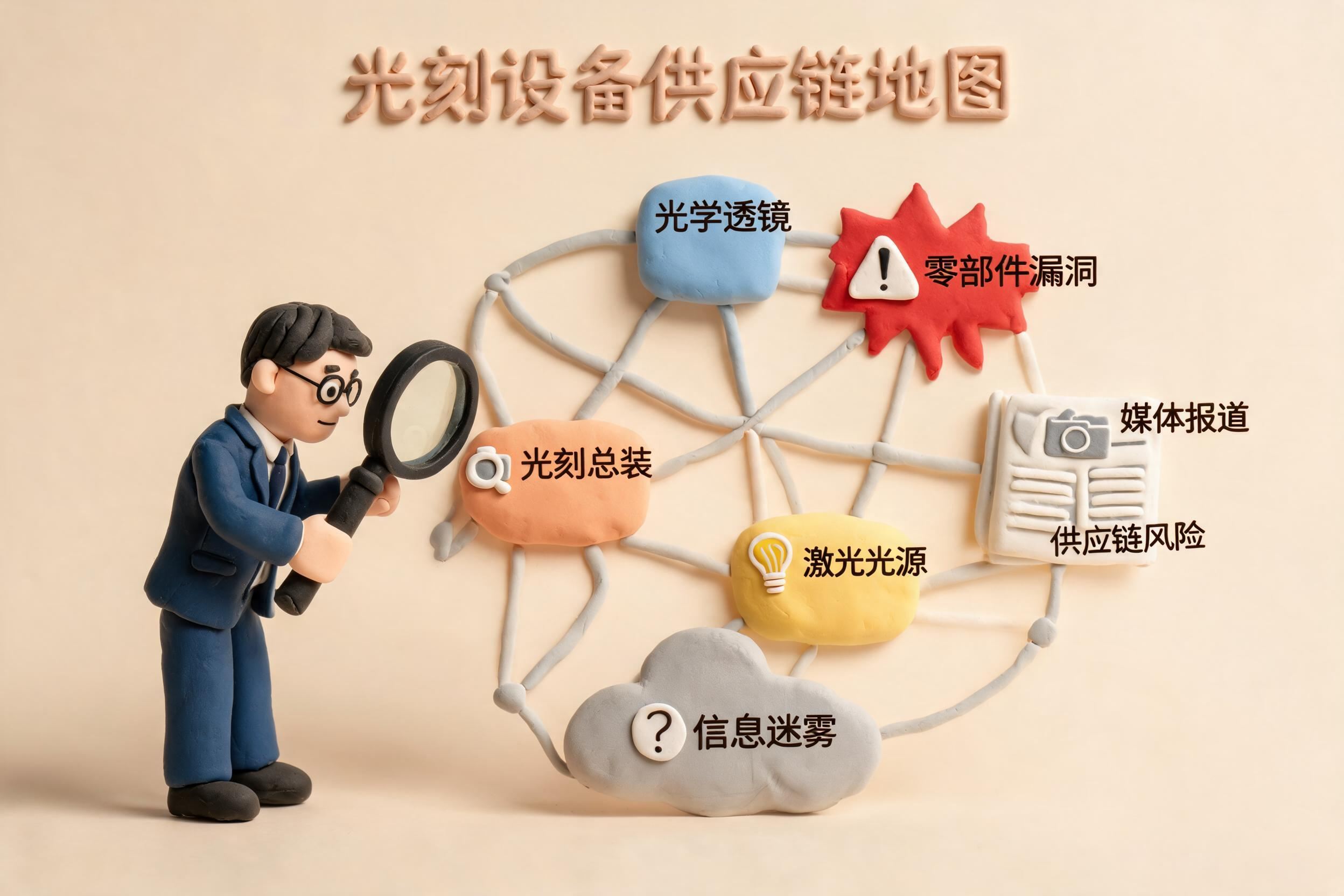 美国监管人员拿着放大镜审视阿斯麦供应链地图,地图上华为烟雾弹、零部件漏洞和媒体报道图标交织成一团迷雾,浅色背景的商业评论版橡皮泥平面信息图的统一风格。