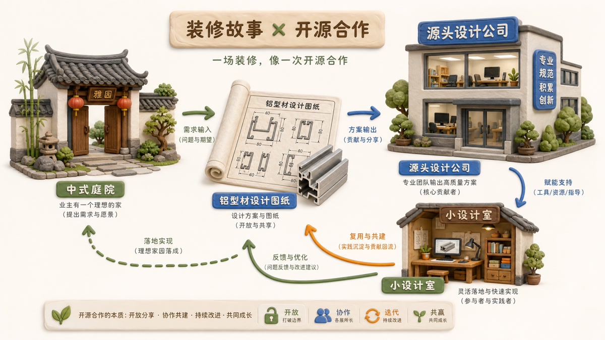一座中式庭院、铝型材设计图纸、源头设计公司和小设计室被箭头连接起来,用装修故事类比开源合作关系,浅色背景的商业评论版橡皮泥平面信息图的统一风格。