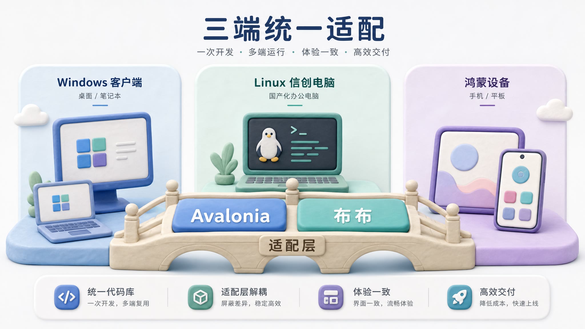 Windows 客户端、Linux 信创电脑和鸿蒙设备三端并排,中间由 Avalonia 与布布编写的适配层桥梁连接起来,浅色背景的商业评论版橡皮泥平面信息图的统一风格。
