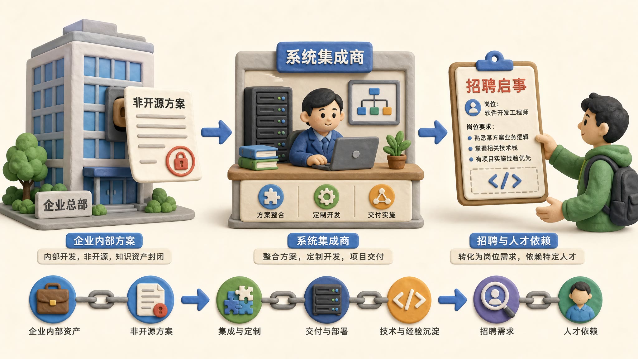 一份标着非开源方案的文件从大企业办公楼流向系统集成商,再变成招聘启事递到开发者面前的链路图,浅色背景的商业评论版橡皮泥平面信息图的统一风格。