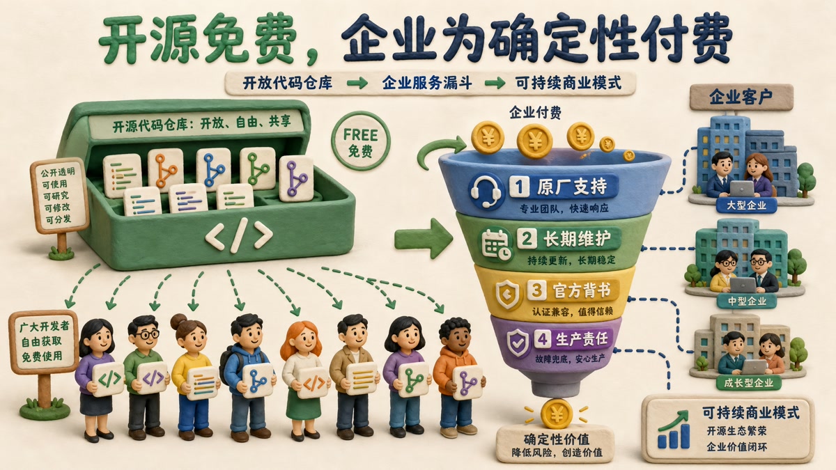 开源代码仓库免费向大众开放,旁边的企业客户为原厂支持、长期维护、官方背书和生产责任四项服务付费的商业模式漏斗图,浅色背景的商业评论版橡皮泥平面信息图的统一风格。