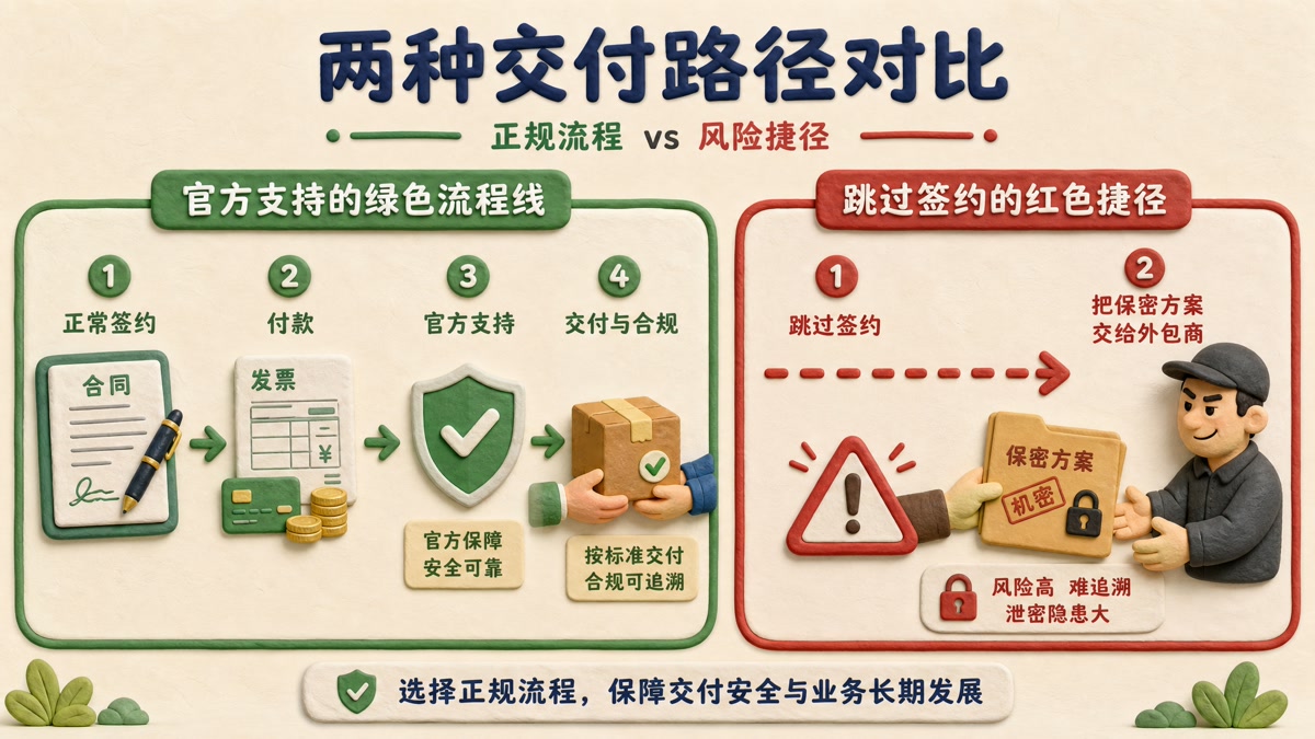 正常签约付款到官方支持的绿色流程线与跳过签约直接把保密方案交给外包商的红色捷径并排对比,浅色背景的商业评论版橡皮泥平面信息图的统一风格。