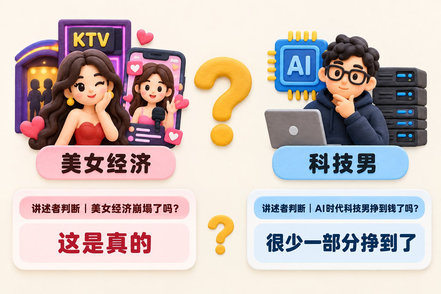 左侧以商K与直播间图标表示“美女经济”，右侧以芯片与服务器图标表示“科技男”，中间只放问号而不画指向性的因果箭头；下方两张独立卡片分别承载讲述者的两个判断