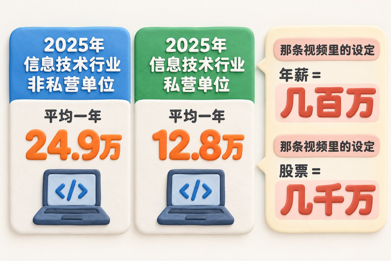 两张等大的薪酬卡片并列，分别标注信息技术行业非私营单位和私营单位的平均一年数字，旁边以淡色对话框单独写“那条视频里的设定”，清楚区分统计数字与被评论的视频说法；可见事实元素：数据：2025年信息技术行业非私营单位｜平均一年=24.9万