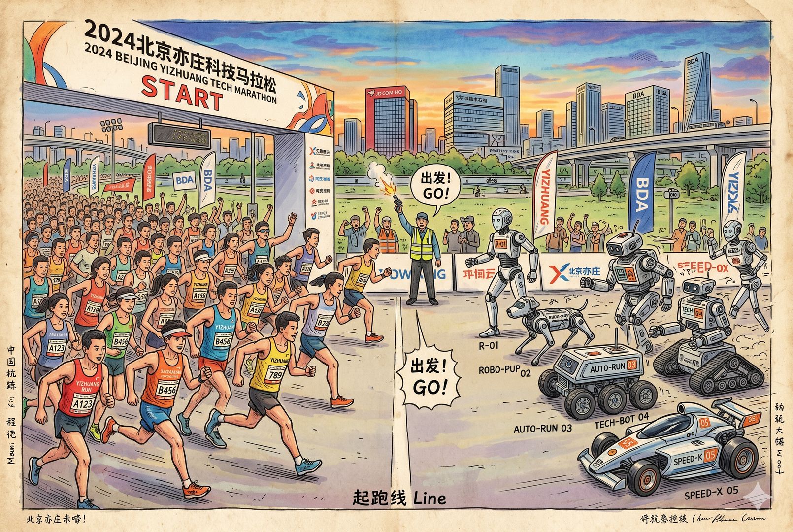 清晨的北京亦庄赛道，左侧成群人类跑者，右侧多台形态各异的机器人并列起跑，发令枪响瞬间，城市道路与科技氛围同框，羊皮纸，钢笔彩色手绘的统一风格。