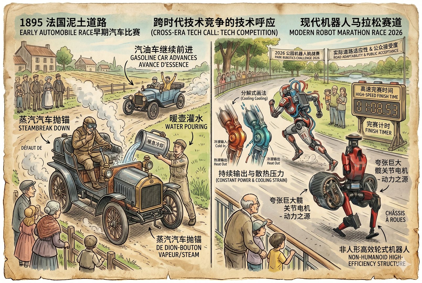 画面左右对照，左边是1895年法国泥土道路上的早期汽车比赛，蒸汽汽车抛锚、汽油车继续前进；右边是现代机器人马拉松赛道上多种技术路线竞逐，形成跨时代呼应，羊皮纸，钢笔彩色手绘的统一风格。