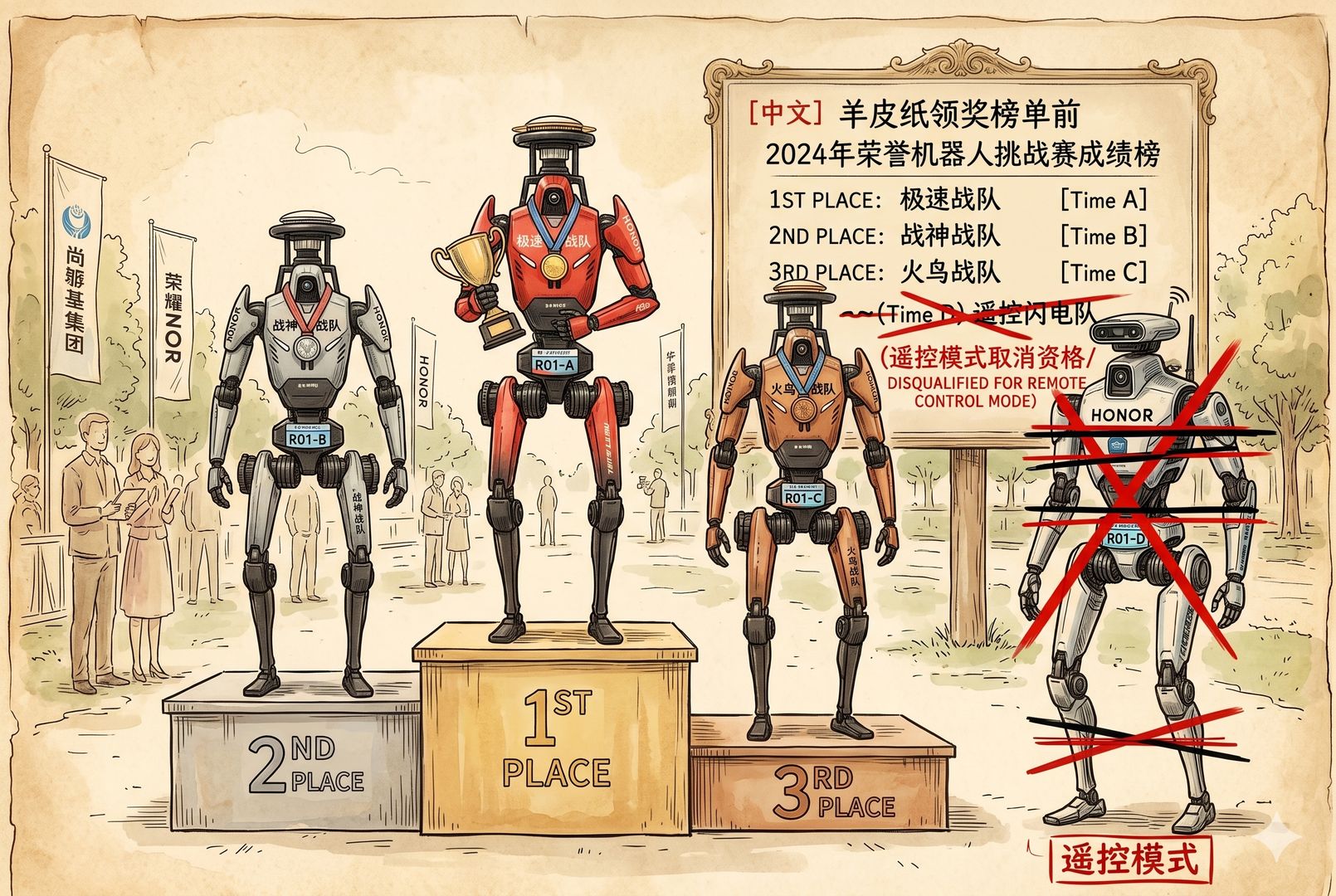 领奖榜单前，三台标注不同队名的荣耀机器人占据前三位置，旁边另一台更快却被标记为遥控模式的机器人被划去名次，画面强调规则与成绩反转，羊皮纸，钢笔彩色手绘的统一风格。