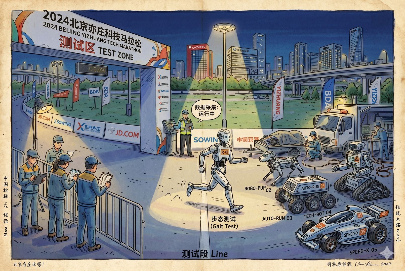 夜间封闭测试道路上，一台人形机器人在路灯下独自试跑，工程车与路边围栏隐约可见，远处工程师观察记录，呈现赛前反复夜跑测试的场景，羊皮纸，钢笔彩色手绘的统一风格。