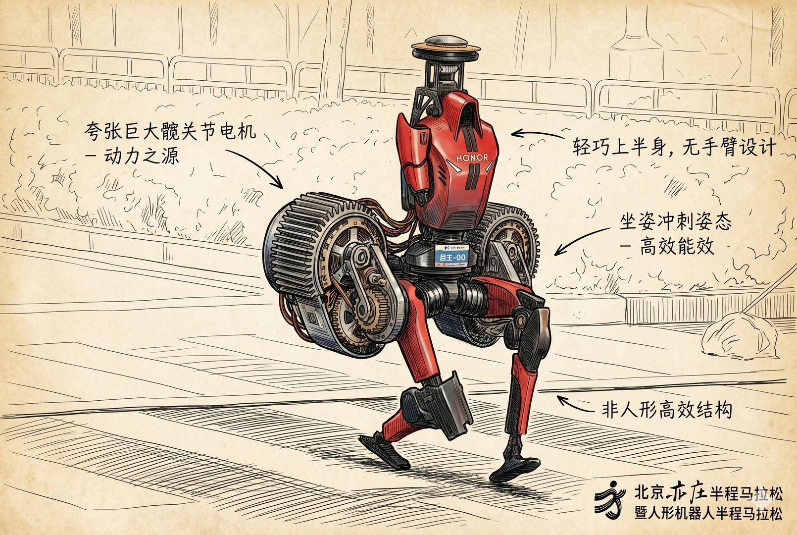 荣耀“闪电”机器人侧视特写，夸张巨大的双侧髋关节电机清晰外露，上半身轻巧无手臂，呈现像坐姿冲刺般的奔跑姿态，突出非人形却高效的机械结构，羊皮纸，钢笔彩色手绘的统一风格。
