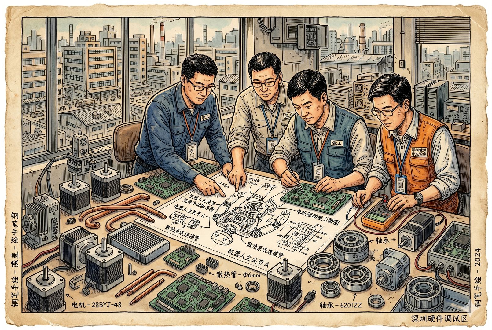 深圳式硬件工作台上铺满电机、线路板、散热管路与机器人关节零件，几位工程师围着拆解图纸协作调试，背景隐约是密集供应链工厂景象，羊皮纸，钢笔彩色手绘的统一风格。