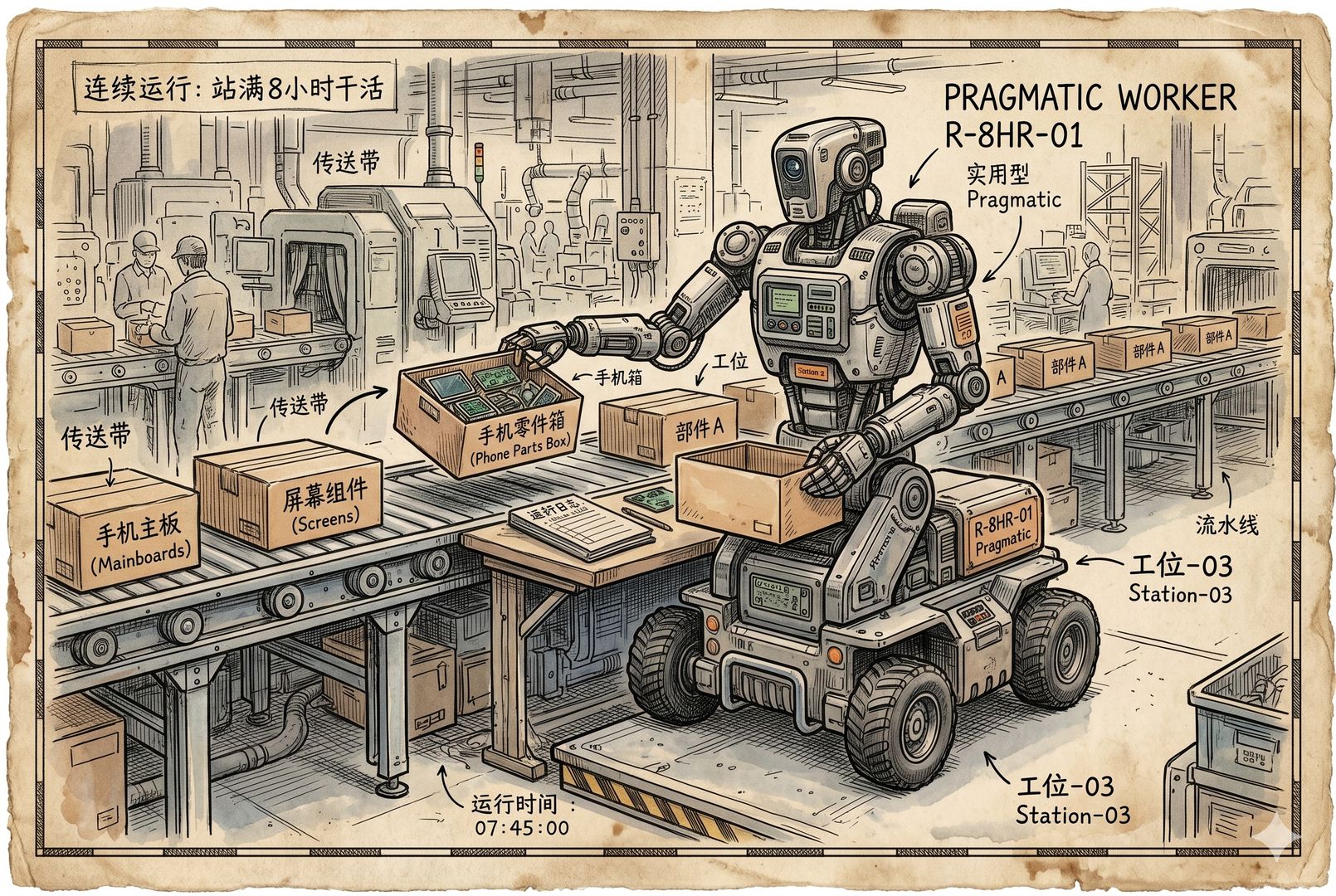 工厂流水线旁，一台上半身像人下半身是轮式底盘的机器人在工位上重复上料下料动作，传送带上摆着手机零件箱，体现“站满8小时干活”的实用场景，羊皮纸，钢笔彩色手绘的统一风格。