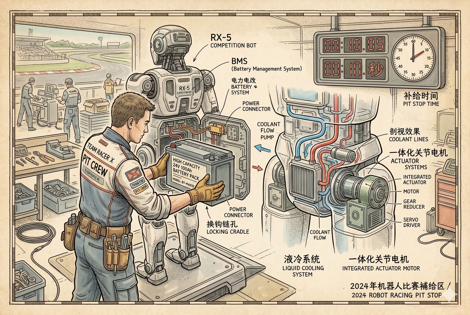 比赛补给区内，工程师双手迅速为机器人背部更换大尺寸电池模组，旁边透明剖视效果展示液冷管路与一体化关节电机，计时牌停在10秒附近，羊皮纸，钢笔彩色手绘的统一风格。