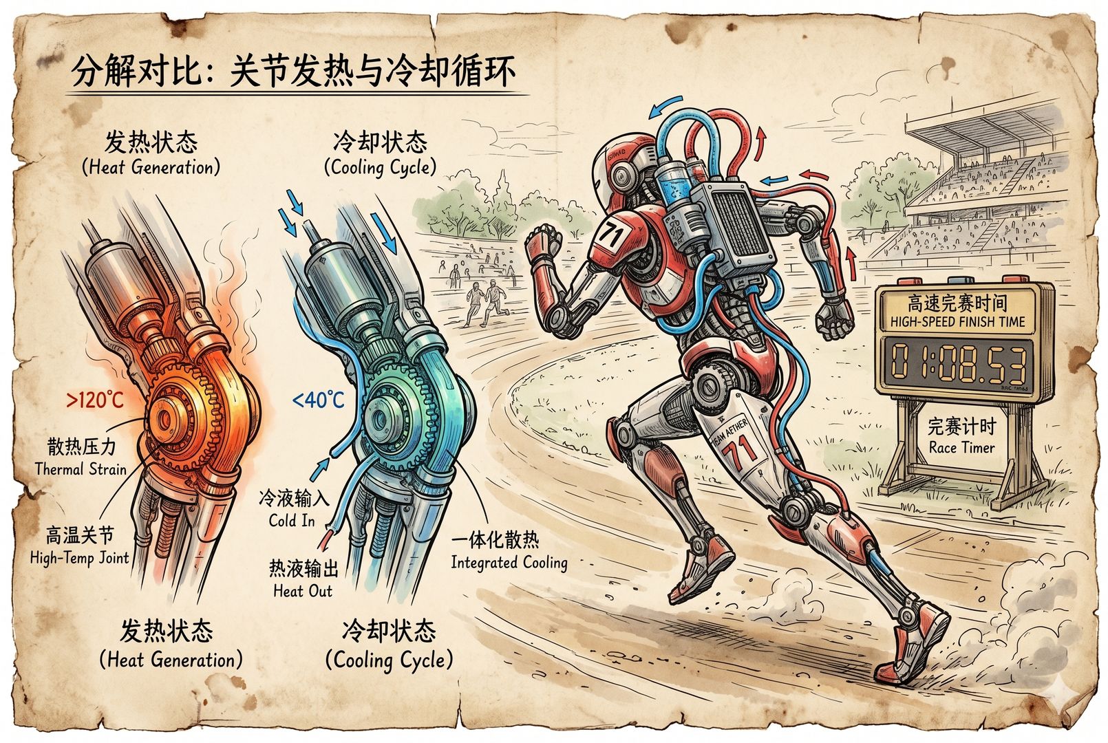 一台参赛机器人跑动中背负液冷泵和管路，旁边用分解式画法对比关节发热与冷却循环，赛道边电子计时屏显示高速完赛时间，突出持续输出与散热压力，羊皮纸，钢笔彩色手绘的统一风格。