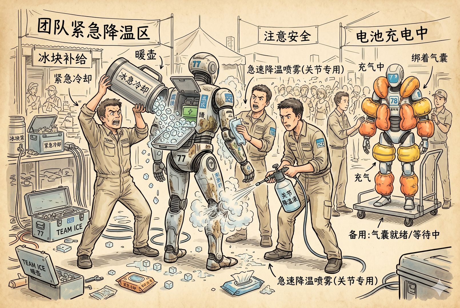 换电区一片手忙脚乱，工程师提着暖壶往机器人背部灌冰块，另一人拿喷雾朝关节猛喷，还有人用湿巾擦拭机身，旁边一台绑着气囊的机器人等待上场，画面热闹又滑稽，羊皮纸，钢笔彩色手绘的统一风格。