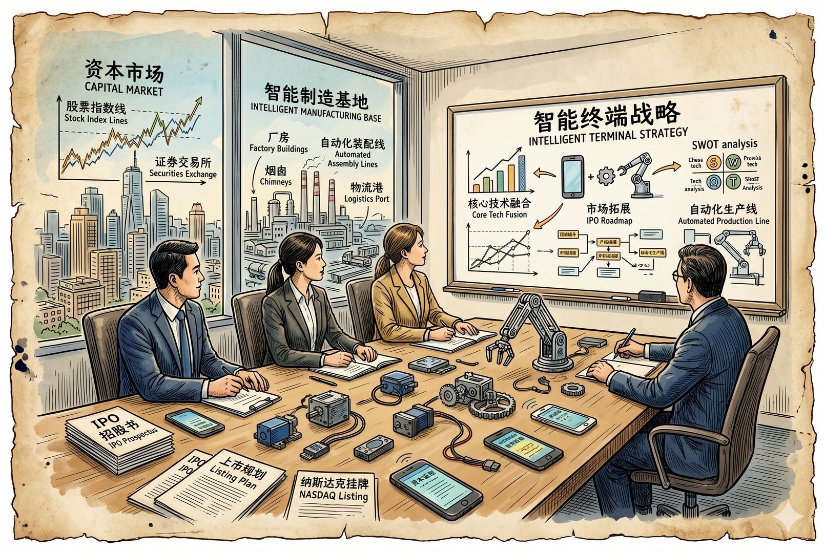 一间会议室里，桌上同时摆着智能手机、机器人零件和上市文件，几位高管面前是写着“智能终端”的战略白板，窗外隐约是资本市场与工厂双重意象，羊皮纸，钢笔彩色手绘的统一风格。