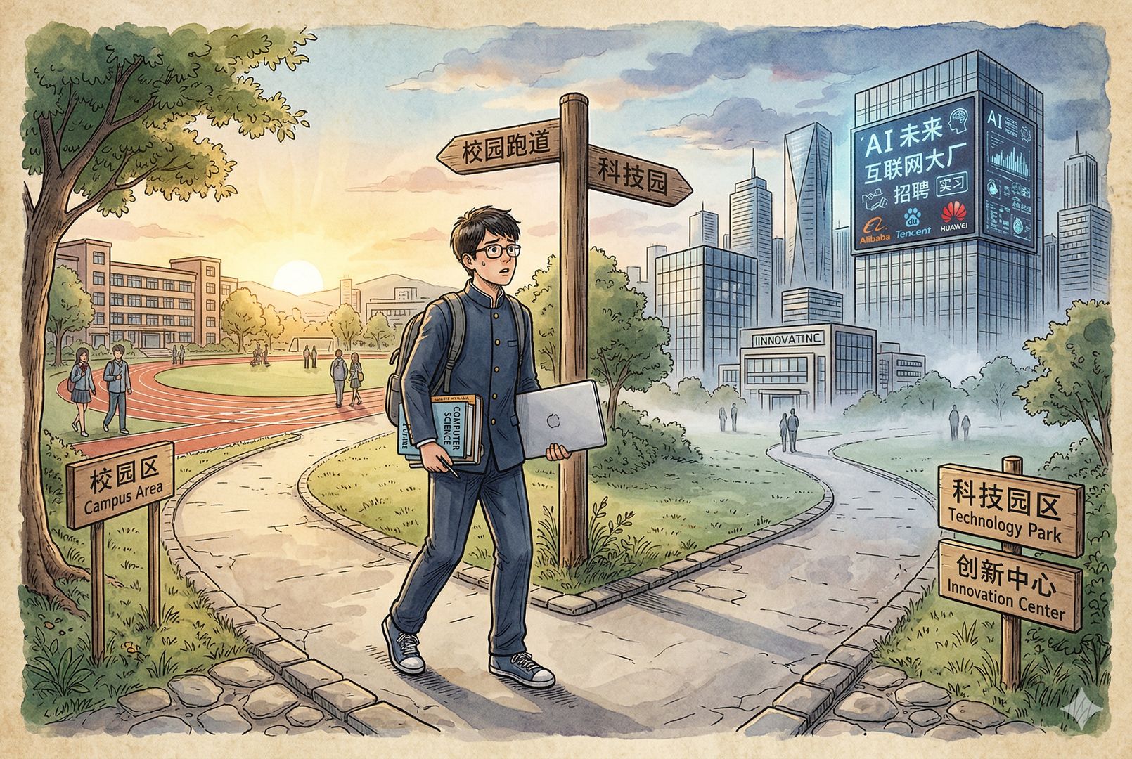 一名高中生站在校园跑道与城市科技园之间的分岔口，手里拿着书包和笔记本电脑，远处高楼屏幕上隐约出现互联网大厂标志与AI界面，晨光下带着选择与焦虑的氛围，羊皮纸，钢笔彩色手绘的统一风格。
