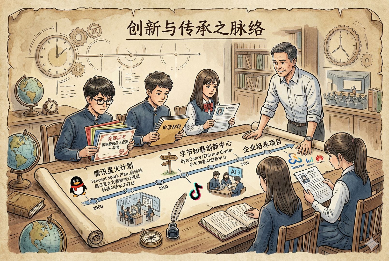 一张长桌上铺开时间线卷轴，腾讯星火计划、字节知春创新中心、企业培养项目等节点被依次标注，几位中学生在企业导师注视下翻看竞赛证书与申请材料，像历史脉络一样展开，羊皮纸，钢笔彩色手绘的统一风格。