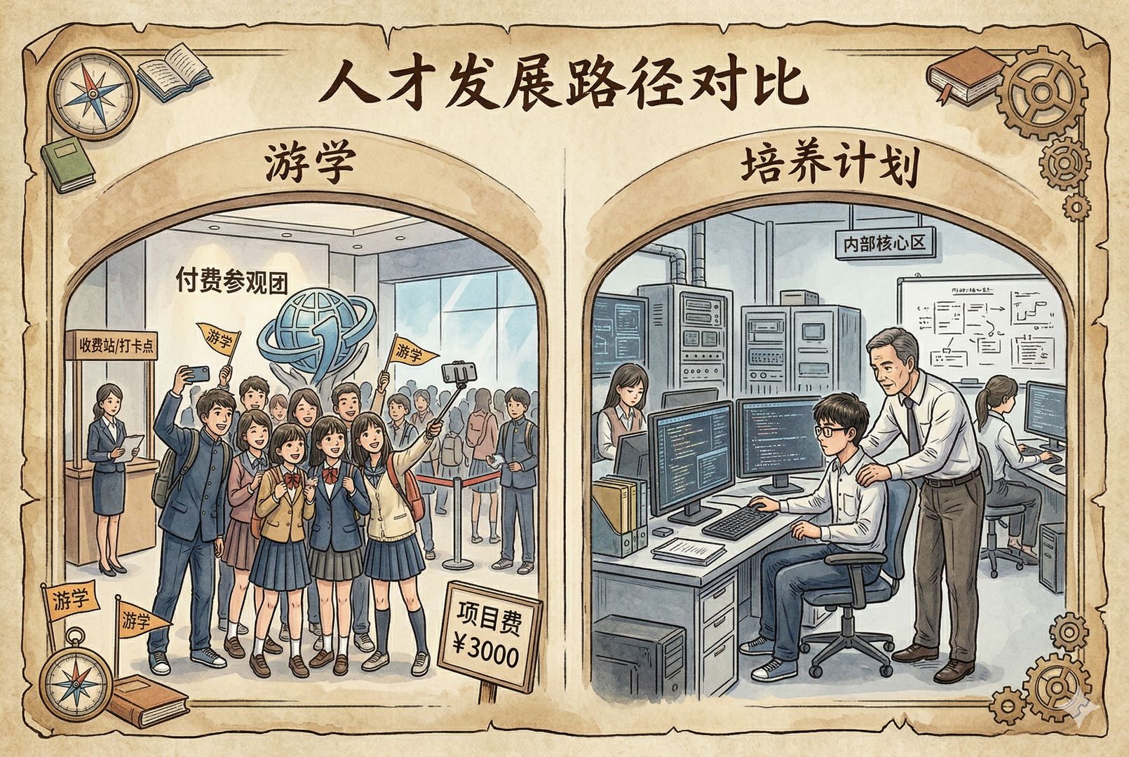 画面左右对比，一边是学生付费参加企业参观团，在大厅合影打卡；另一边是通过考试进入真实培养项目的少数学生，在工位前接受导师指导，门口分别写着“游学”和“培养计划”，对比鲜明，羊皮纸，钢笔彩色手绘的统一风格。