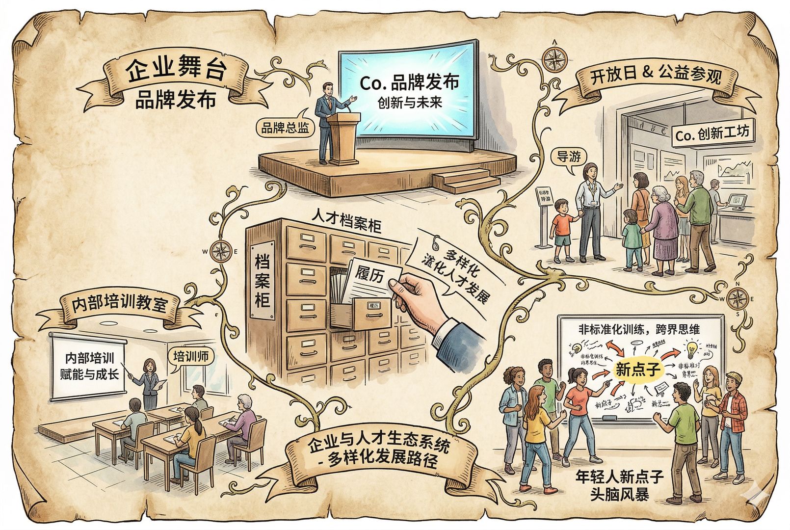 五个互相连接的小场景组成一幅图：企业舞台上的品牌发布、开放日公益参观、人才档案柜、内部培训教室、以及一群未被标准化训练的年轻人围着白板提出新点子，像五个目的同时展开，羊皮纸，钢笔彩色手绘的统一风格。