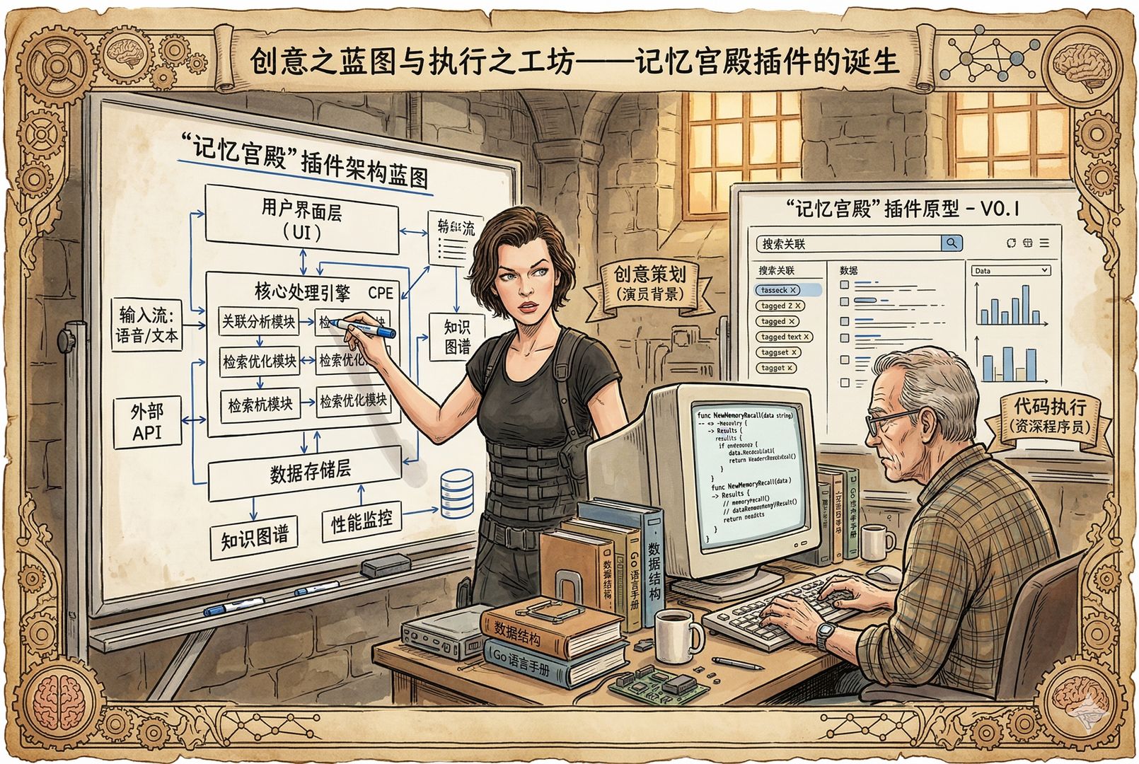 一位有演员背景的女性在白板前画出产品架构图，旁边一位资深程序员坐在电脑前把思路实现成代码，屏幕上显示“记忆宫殿”插件原型，体现创意与执行分工，羊皮纸，钢笔彩色手绘的统一风格。