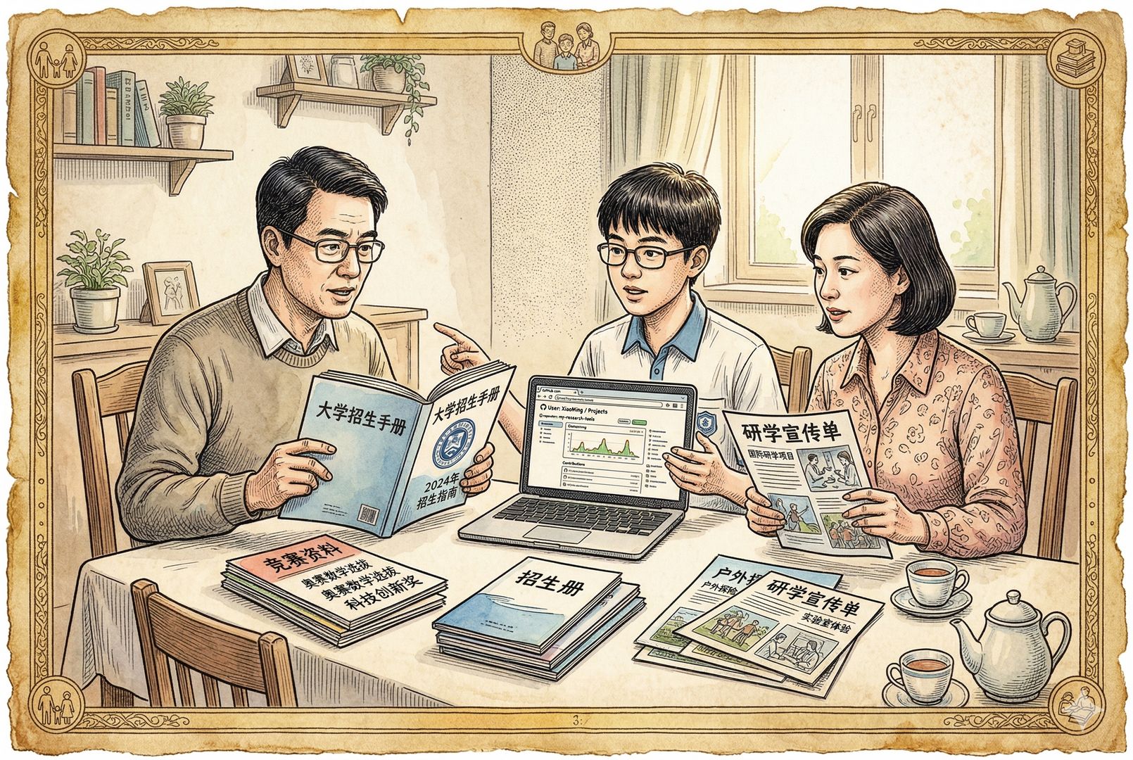 一张普通家庭的餐桌旁，父母与孩子一起摊开竞赛资料、大学招生册、研学宣传单和电脑上的GitHub页面，神情认真权衡选择，不再盲目跟风，家庭决策感很强，羊皮纸，钢笔彩色手绘的统一风格。
