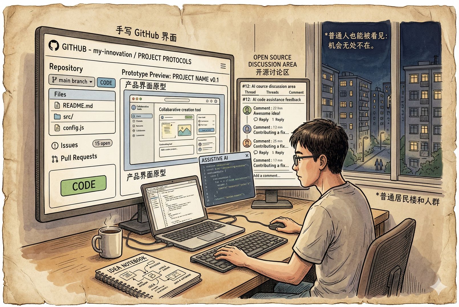 一名普通年轻人深夜坐在书桌前，用AI编程助手和GitHub页面把灵感快速做成原型，屏幕上有代码仓库、产品界面和开源讨论区，窗外是普通居民楼，突出“普通人也能被看见”的机会感，羊皮纸，钢笔彩色手绘的统一风格。