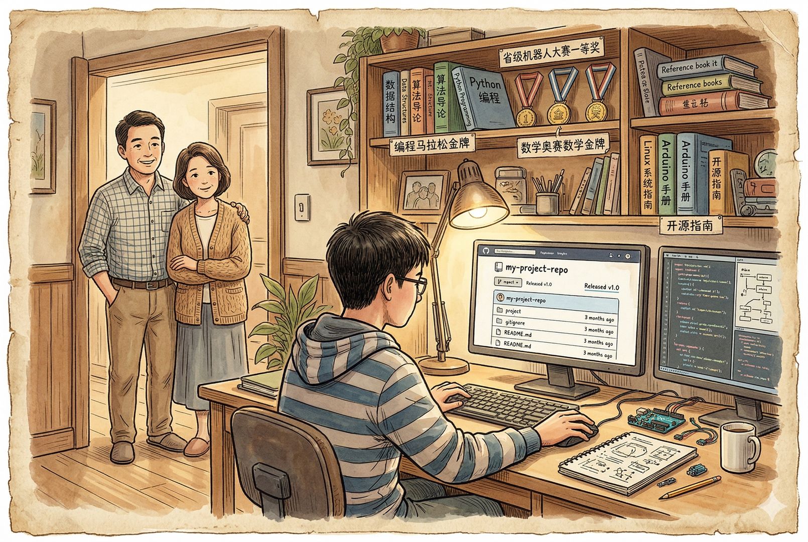 一个孩子在安静书桌前专注做自己的小项目，书架上有教材、竞赛奖牌和开源手册，电脑屏幕显示已发布的GitHub仓库，父母站在门口温和注视，气氛平静而坚定，羊皮纸，钢笔彩色手绘的统一风格。