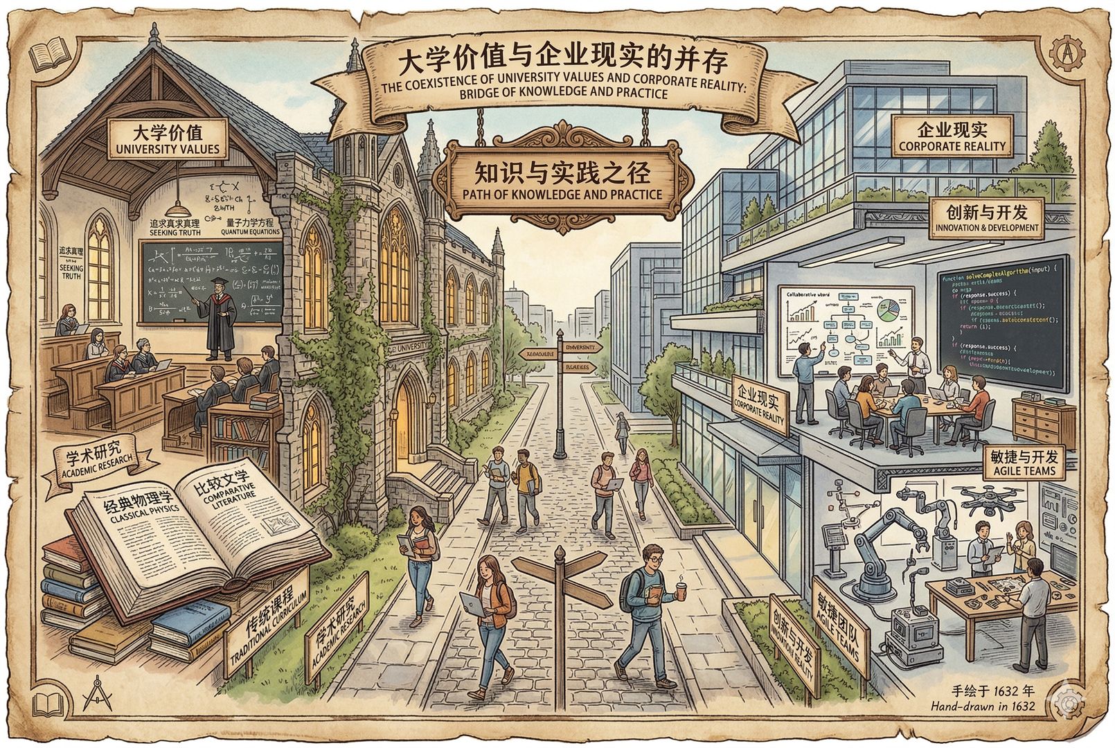 一座老式大学教学楼与现代企业研发楼并列而立，中间有学生穿行其间，一边是厚重教材和课堂黑板，另一边是协作白板与代码屏幕，象征大学价值与企业现实的并存，羊皮纸，钢笔彩色手绘的统一风格。