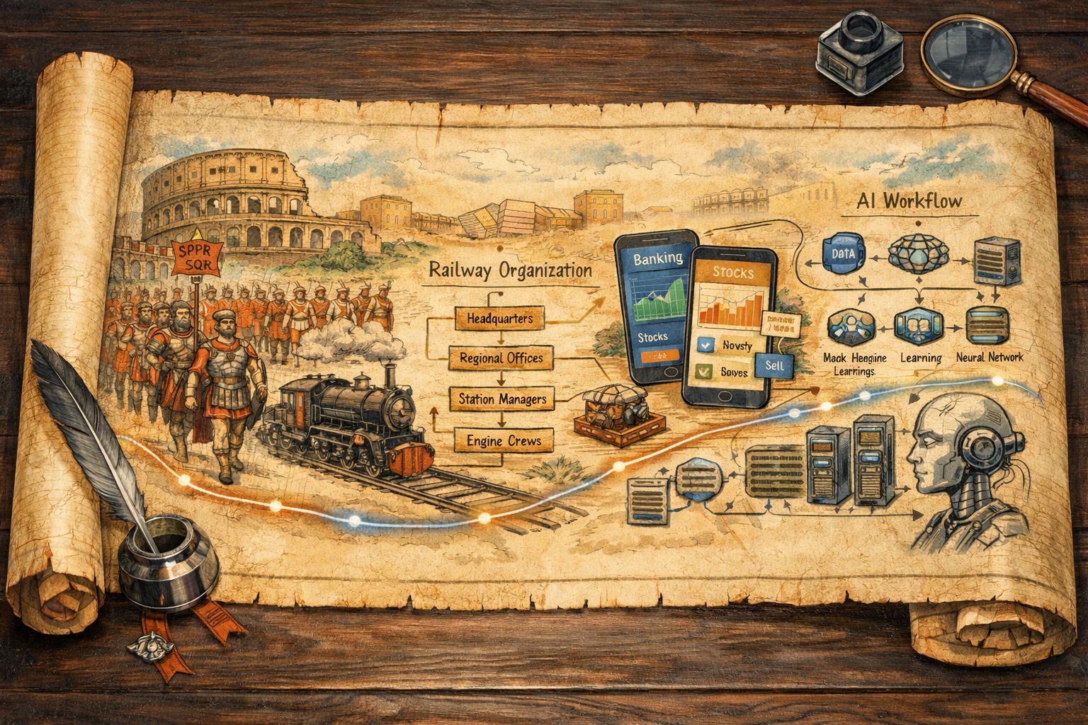 深色书桌上摊开的长卷文章，纸面串联古罗马军团、铁路组织图、现代金融应用界面与 AI 流程线条，像一条从古代延伸到未来的公司治理时间轴，羊皮纸，钢笔彩色手绘的统一风格。