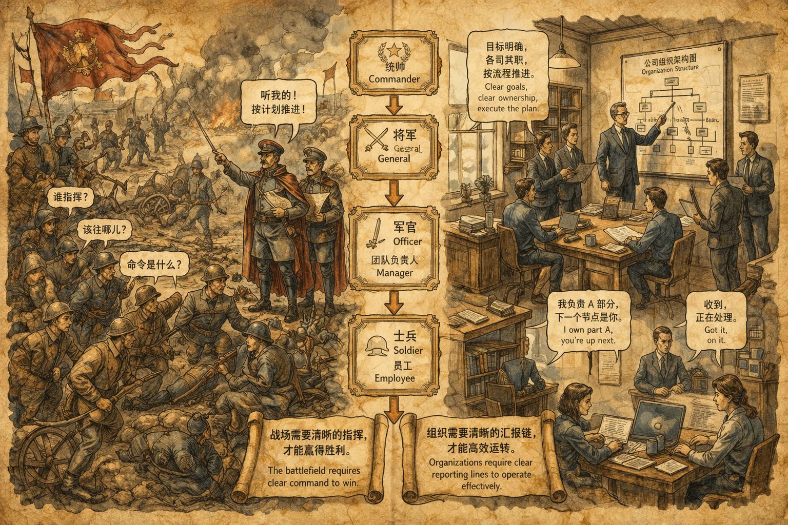 一支陷入混战的战场队伍中，士兵们在烟雾中辨认军衔听令；画面另一侧映照成现代办公室中的层级汇报链，强调责任归属与指挥权的稳定性，羊皮纸，钢笔彩色手绘的统一风格。