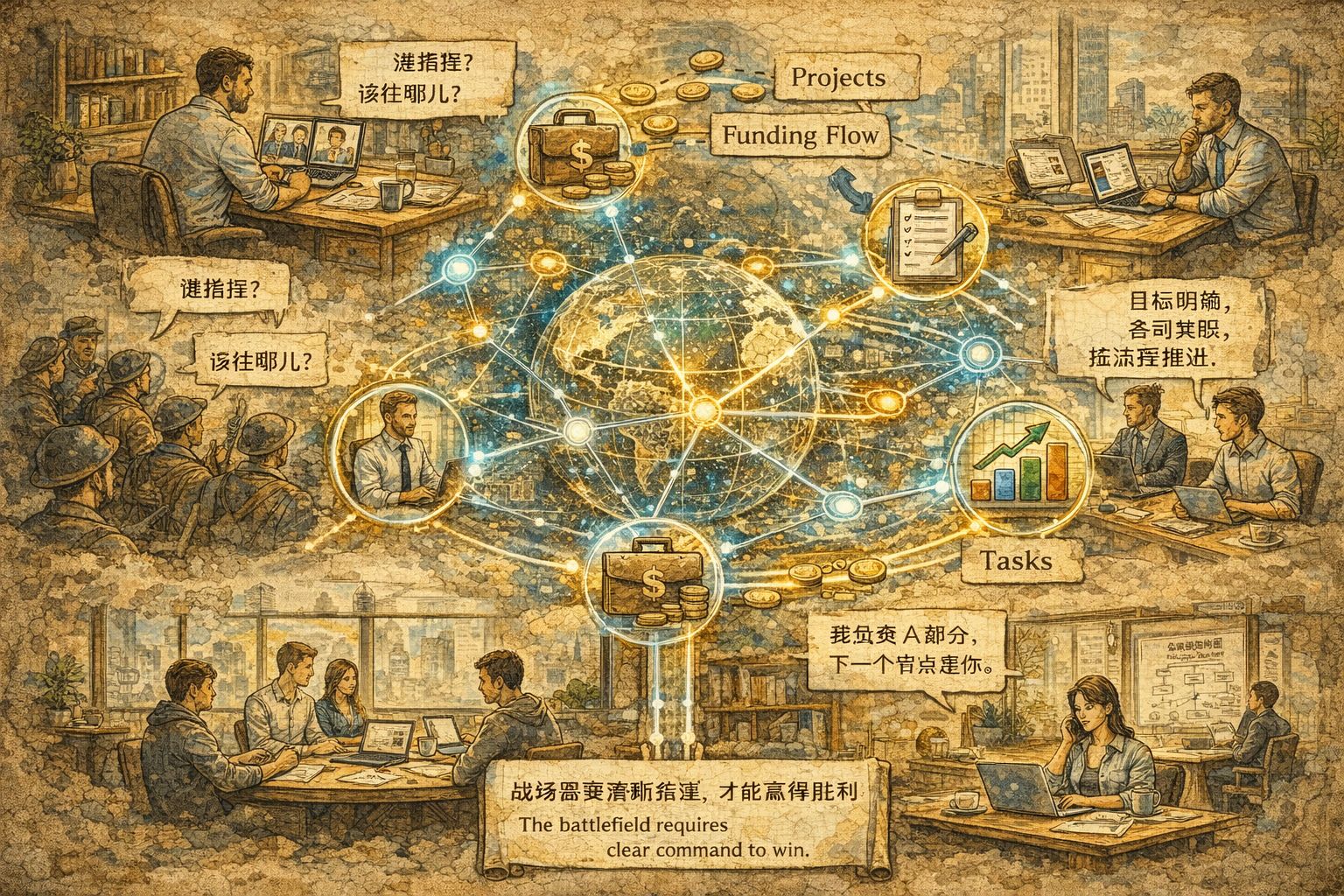 一群分散在不同地点的人没有坐在同一办公室，却通过一个发光的世界模型网络协作，节点连接项目、资金流与任务，呈现出介于公司与去中心化组织之间的新形态，羊皮纸，钢笔彩色手绘的统一风格。