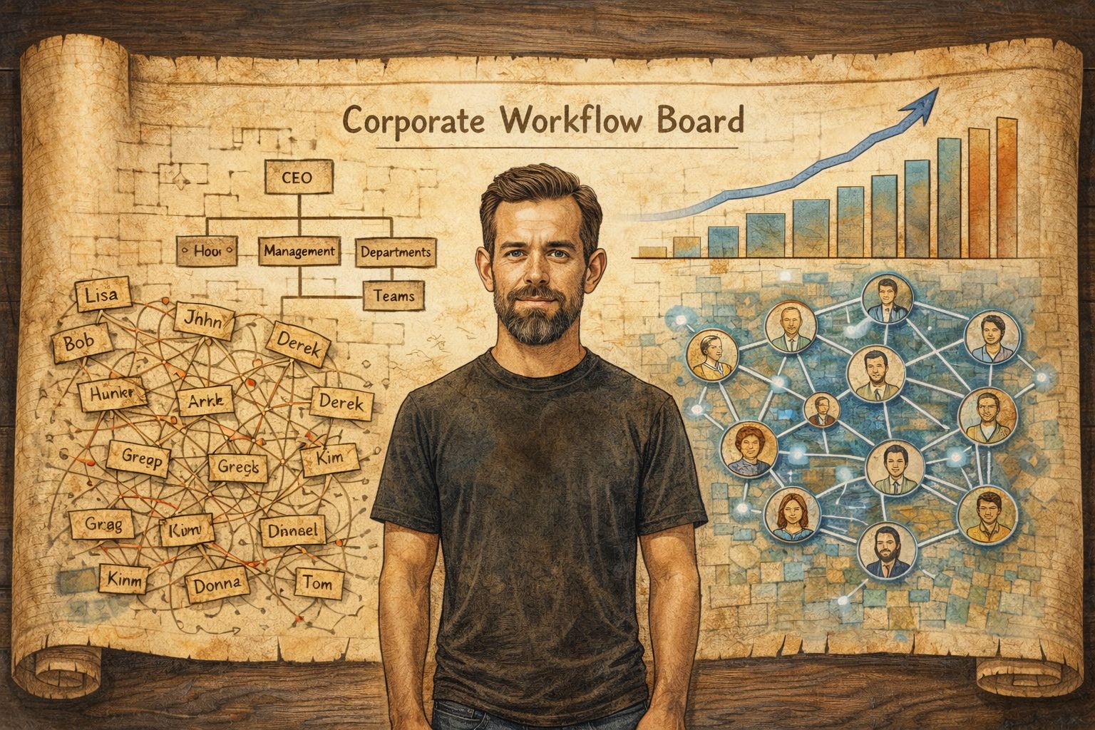 杰克·多西站在简化的公司流程板前，身后是缩减后的组织结构图与上升的营收曲线，对比一侧散乱的人事名册与另一侧被 AI 重新连线的团队网络，羊皮纸，钢笔彩色手绘的统一风格。