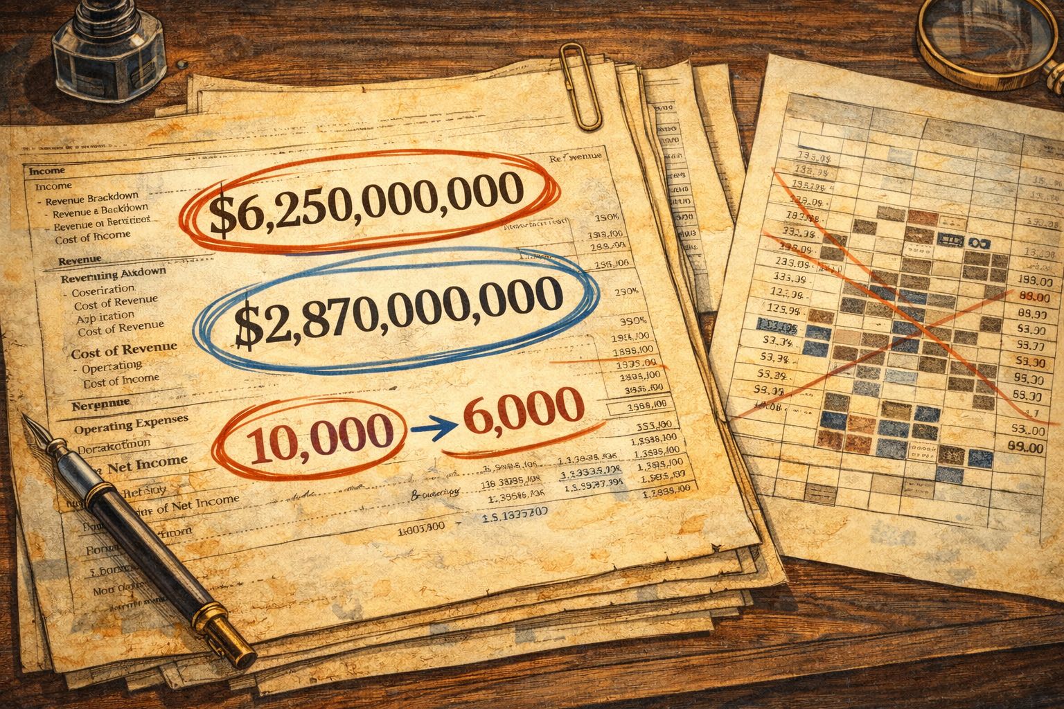 财务报表铺满桌面，62.5 亿美元收入、28.7 亿毛利和“10000→6000”的醒目数字被红蓝墨线圈出，旁边是一张被删减了大片方格的电子表格打印稿，羊皮纸，钢笔彩色手绘的统一风格。
